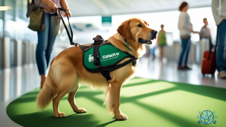 Service dog happily leads its owner to a sunlit pet relief area, surrounded by lush green patches and clear signage, in a bustling airport.