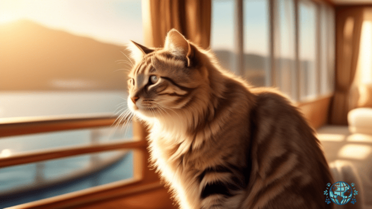 An adorable fluffy feline or wagging tail sits in a cozy cabin corner on a pet-friendly cruise ship, basking in the bright natural light pouring through large windows, eagerly awaiting their next enchanting adventure.