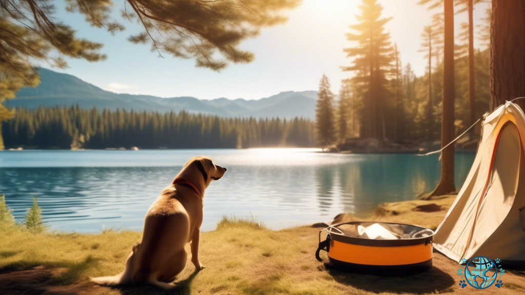 Alt text: A happy dog exploring a picturesque campsite surrounded by towering pine trees, a pristine lake reflecting the azure sky, and a cozy tent in the background. Experience the joy of camping with dogs amidst nature's beauty.