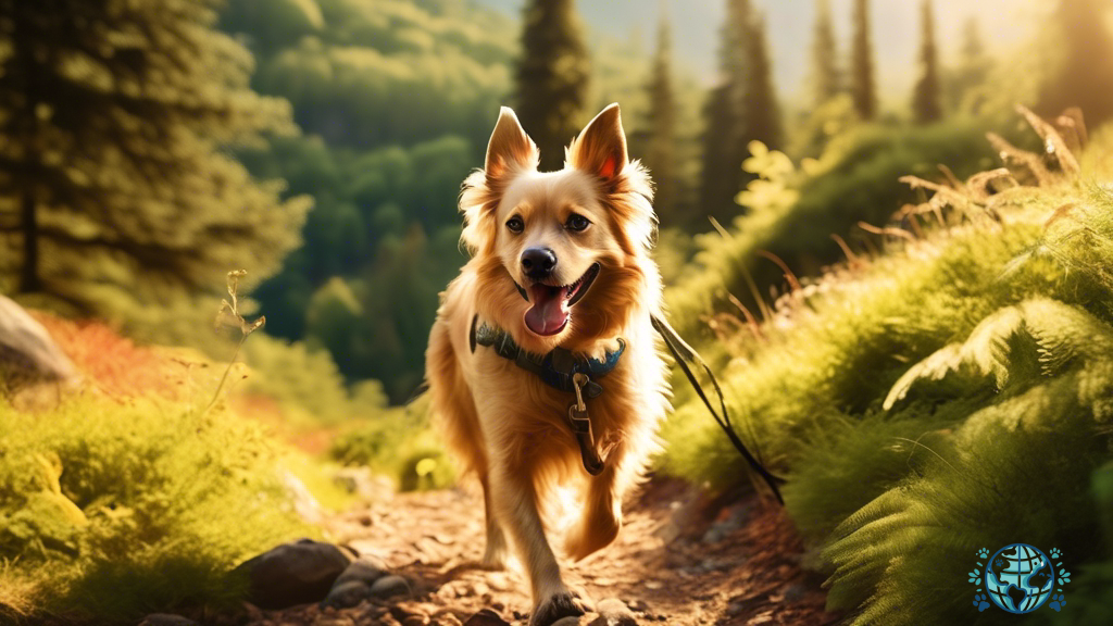 Alt Text: A joyful dog with its tongue out, wagging its tail, happily hiking up a sunlit trail surrounded by lush greenery, illuminated by warm golden rays.