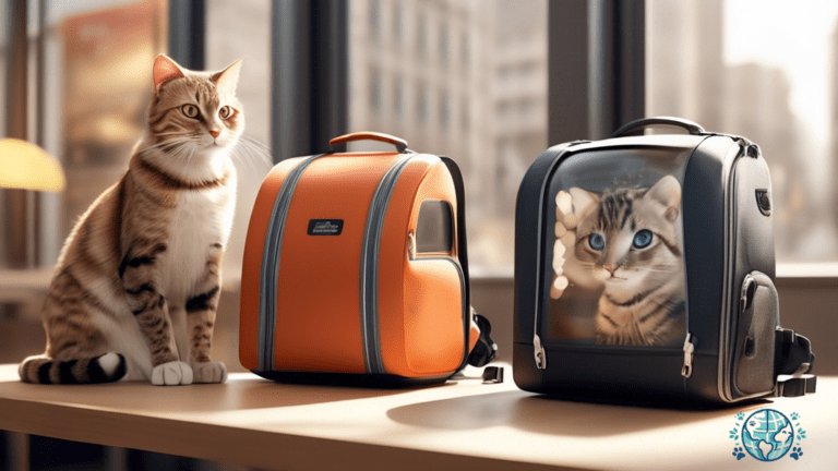 Top cat carrier backpacks for travel, with a happy feline passenger inside, illuminated by natural light streaming through a window.