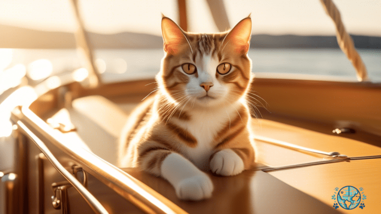 Alt Text: A sturdy cat carrier bathed in soft golden sunlight on the deck of a boat, with shimmering waves in the background, ideal for secure and smooth boat travel with your feline companion.
