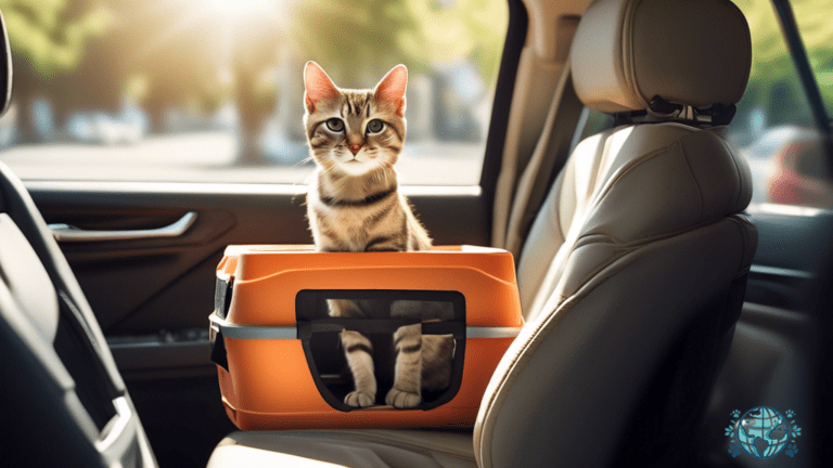 Sturdy and well-ventilated cat carrier for car travel, ensuring feline safety and comfort, with sunlight streaming through car window.