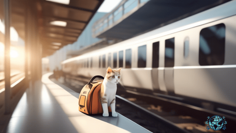 Effortlessly carrying a sleek and well-ventilated cat carrier on a sunny train platform, showcasing durable fabric, mesh windows, and seamless integration of natural light.