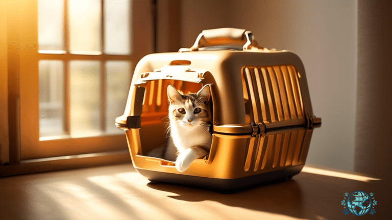 Convenience and Comfort: Cat Carrier with Shoulder Strap, Bathed in Warm Golden Sunlight