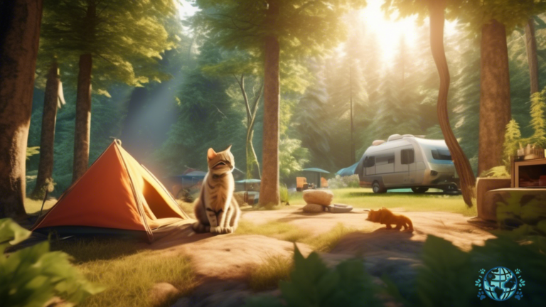 Discover the Best Cat-Friendly Campsites: A charming campsite nestled in lush greenery with a cozy tent, surrounded by towering trees and a curious feline exploring the serene wilderness.