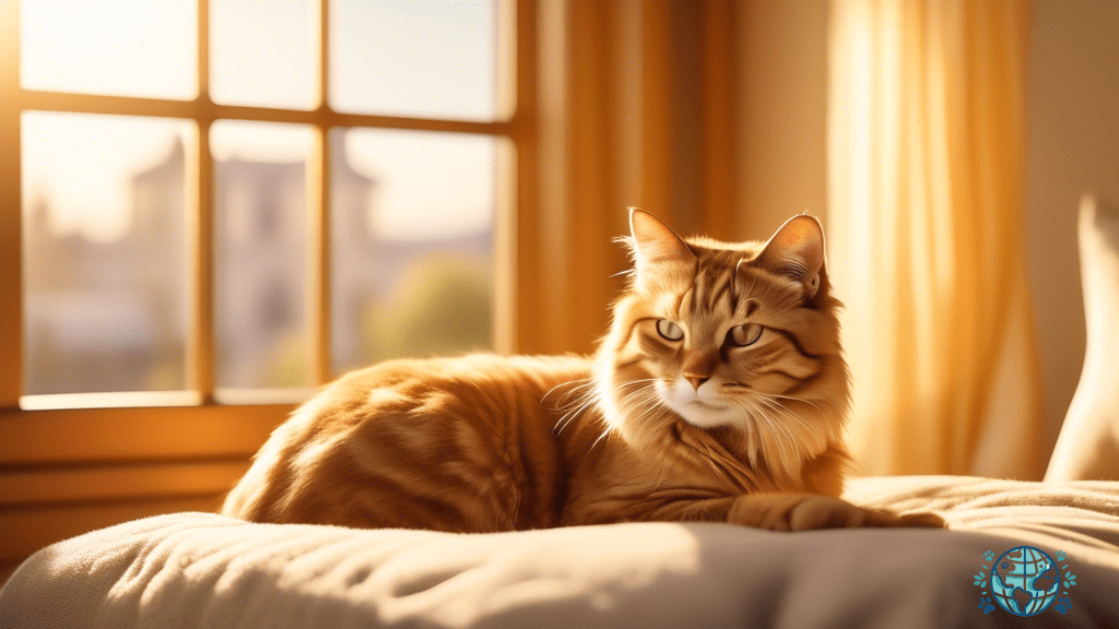 Alt text: A serene hotel room flooded with golden morning light, showcasing a plush cat bed by a large window. The sun's rays dance on the walls, creating a warm and inviting atmosphere for a purr-fect feline getaway at this cat-friendly hotel.
