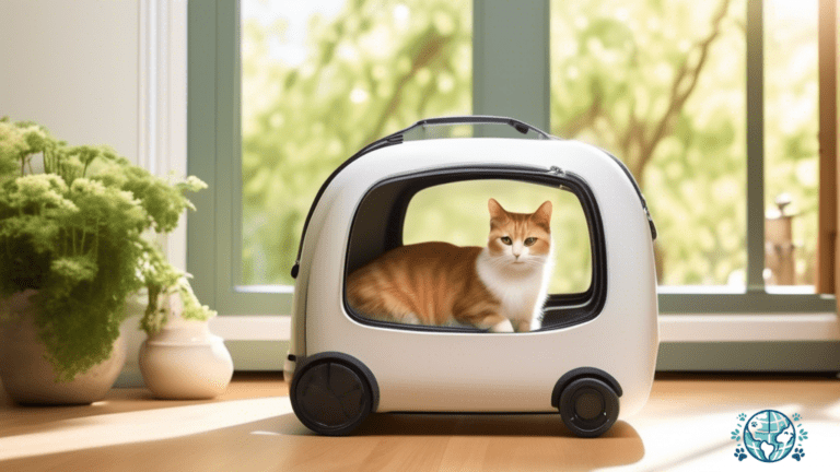Convenience and mobility at its finest: A sleek cat travel carrier with sturdy wheels sits in a sunlit room, ready for adventure in a lush garden.