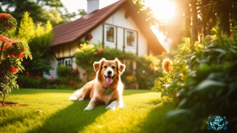 Charming pet-friendly cottage surrounded by lush greenery, with a happy dog lounging in the sunlit garden, creating a peaceful and inviting atmosphere