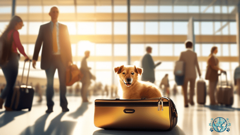 Vibrant airport terminal bathed in golden sunlight, showcasing a pet carrier in the foreground, emphasizing the importance of understanding customs regulations for pet travel.