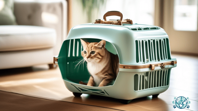 Discover the epitome of style and luxury in our trendy designer cat carrier, showcased in a sunlit traveler's paradise adorned with fashionable accessories.