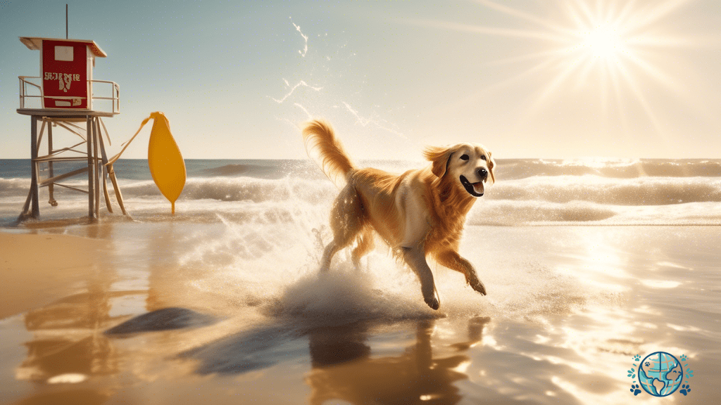 Golden retriever enjoying a safe and fun day at the beach while splashing in the shallows, with a lifeguard tower and a family playing in the background.