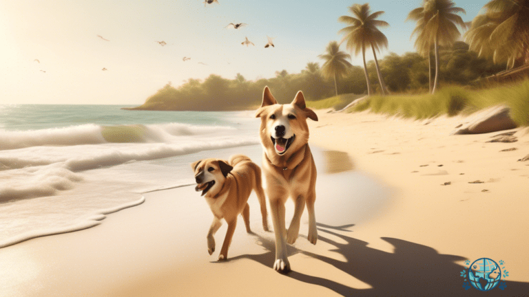Experience the Bliss of Dog Beaches: Dogs playing in clear waters under the radiant midday sun, with lush coastal vegetation and happy owners bonding.