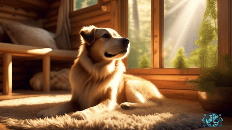 Experience blissful serenity in a dog-friendly cabin rental surrounded by lush greenery, as sunlight streams through the windows, showcasing a happy wagging tail and a contented pup lounging on a cozy rug.