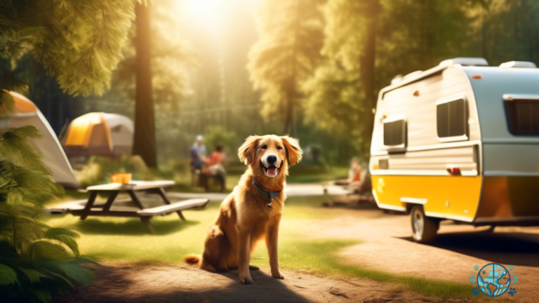 Discover the best dog-friendly camping spots with this vibrant photo of a picturesque campground surrounded by lush greenery. A happy dog playing in the foreground highlights the dog-friendly atmosphere of the location.
