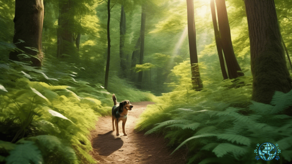 Adventurous dogs and their joyful companions exploring a dog-friendly hiking trail bathed in golden sunlight, surrounded by lush greenery and towering trees.