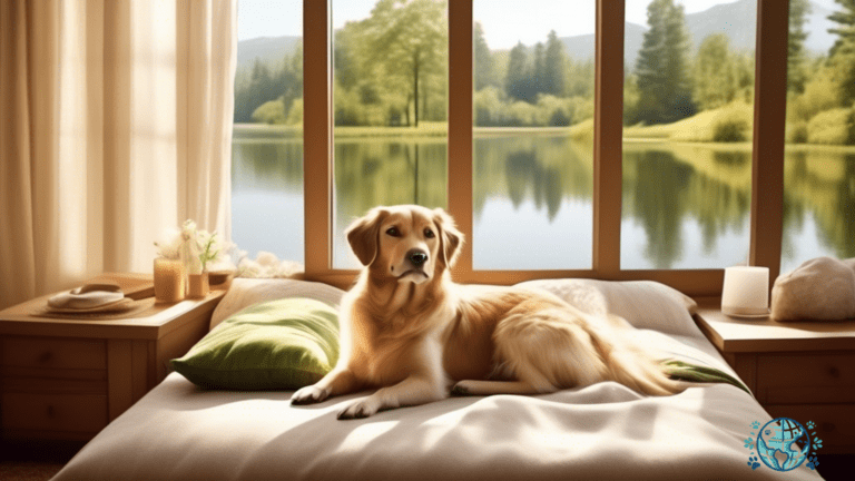 Serene moment in a dog-friendly hotel room with sunrays streaming through large windows, illuminating a cozy pet bed beside a picturesque view of lush greenery or a sparkling lake.