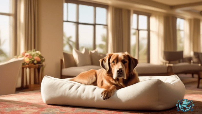 Serene moment at a top dog-friendly hotel: A spacious room flooded with warm natural light, featuring a cozy dog bed next to a large window with a picturesque garden or beach view.