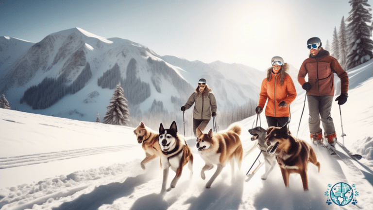 Alt Text: A group of skiers and their happy dogs enjoying a snowy ski resort, bathed in beautiful natural light. This dog-friendly winter adventure radiates warmth, adventure, and the strong bond between humans and their furry companions.