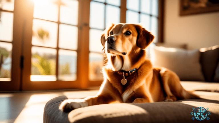 Alt text: Cozy living room in a dog-friendly vacation home with sunlight streaming in through large windows, highlighting a comfortable couch and a wagging tail in the foreground.