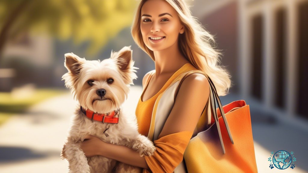 Stylish individual confidently carrying a trendy dog tote bag, accompanied by a well-groomed small to medium-sized dog in a vibrant outdoor scene.