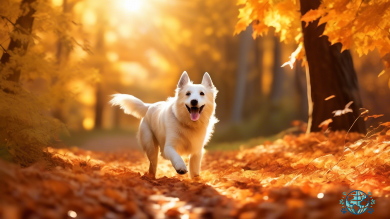 Fall pet-friendly hiking tips: A happy dog explores a picturesque autumn trail, surrounded by vibrant foliage and bathed in warm sunlight.