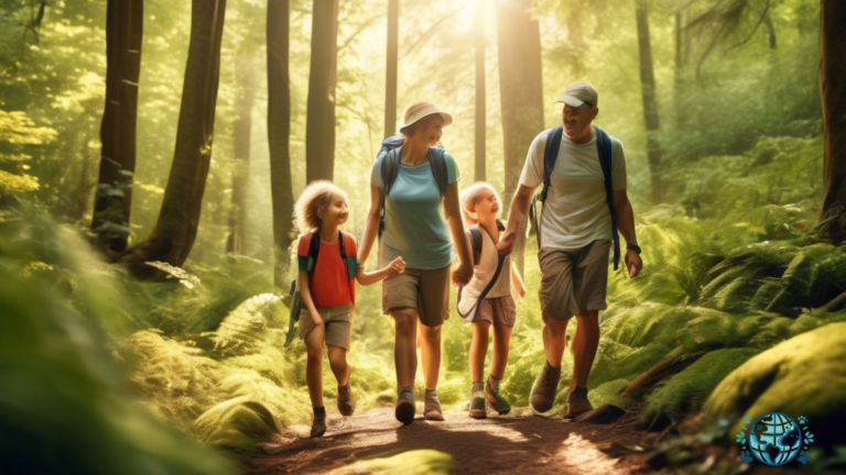 Family enjoying a scenic hike through a sun-dappled forest on a family-friendly trail