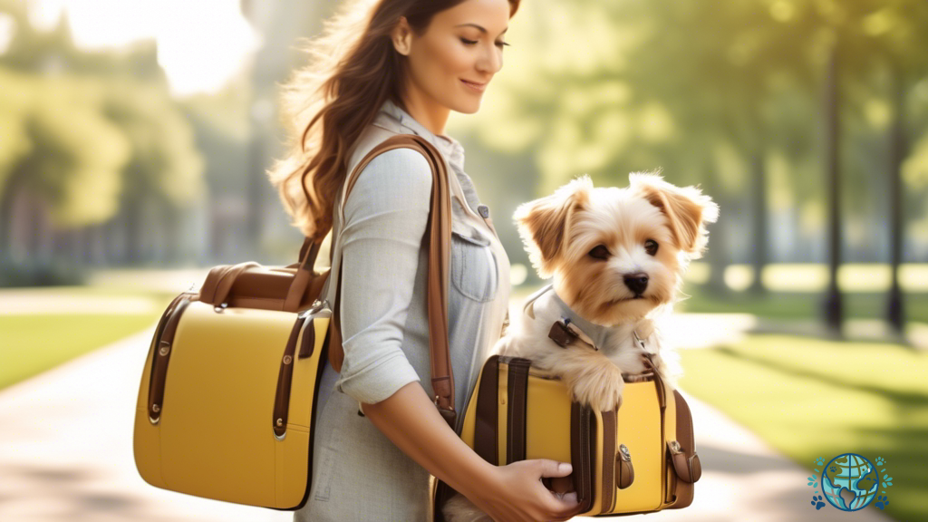 Stylish individual strolling in a sunlit park with their fashionable pup in an elegant dog carrier