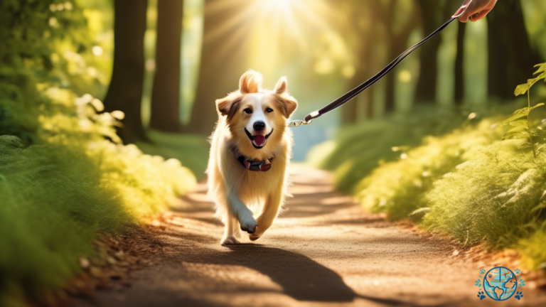 Alt Text: A happy dog and its owner enjoy a guided pet-friendly walking tour, basking in the sunlight as they stroll along a path surrounded by lush greenery and trees.