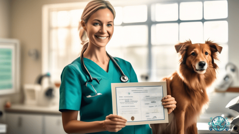 Cheerful veterinarian gently examines a contented pet in a well-lit clinic, holding up a health certificate for safe pet travel.