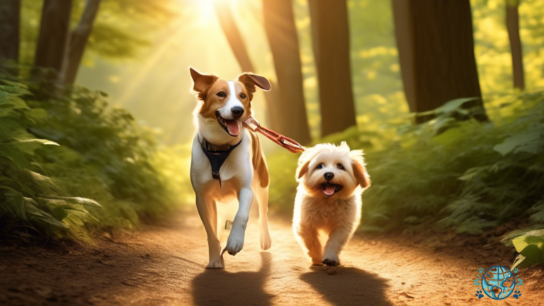 Alt Text: A joyful dog with a leash in its mouth leads its owner up a sun-drenched trail, surrounded by lush greenery and bathed in warm sunlight.