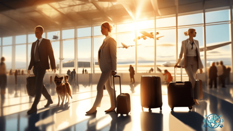 Traveler confidently presents pet's import/export permits to customs officer in sunlit airport terminal