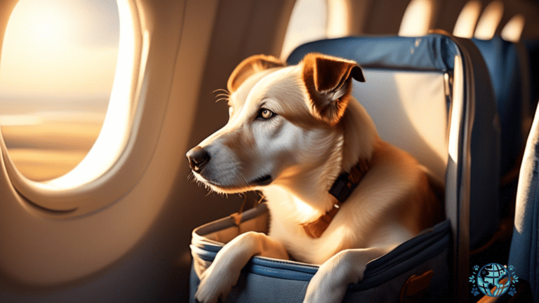 Adorable dog relaxing in an in-cabin dog carrier, enjoying the warmth of sunlight flooding through the airplane window