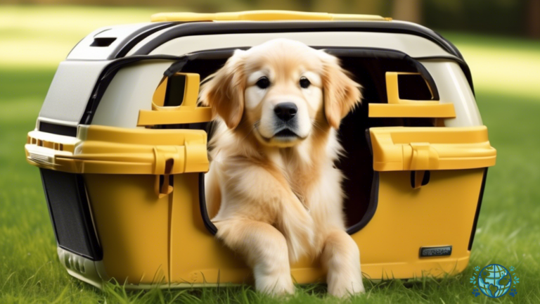Large dog carrier featuring a golden retriever resting comfortably in a spacious and well-ventilated carrier on a lush green grassy field.