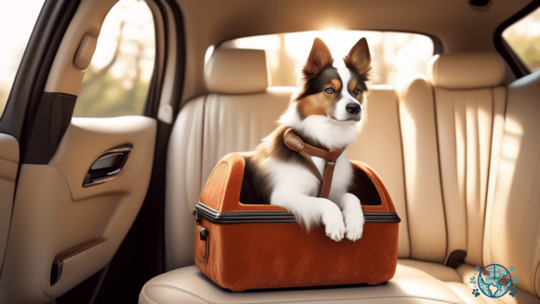 SEO-friendly alt text: A sunlit, spacious car interior with plush, velvet upholstery. A luxurious dog carrier sits elegantly, inviting readers to travel with their furry companions in ultimate comfort and style.