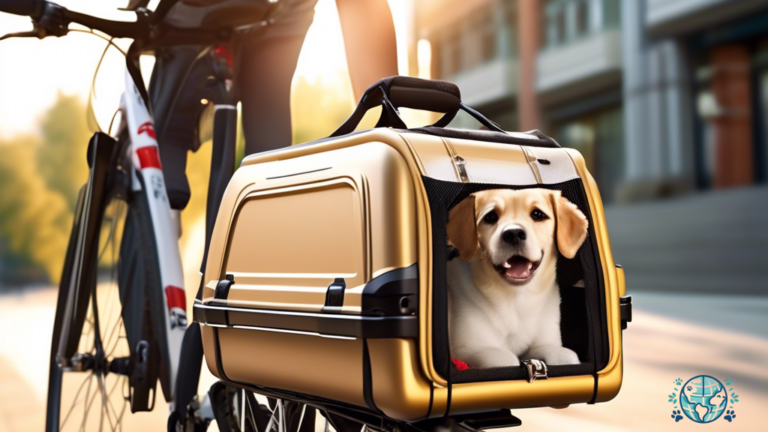 Alt text: A vibrant photo featuring a pet carrier securely mounted on a bicycle's rear rack, bathed in golden sunlight. This practical and sturdy carrier with mesh windows is perfect for biking adventures with your furry friend.
