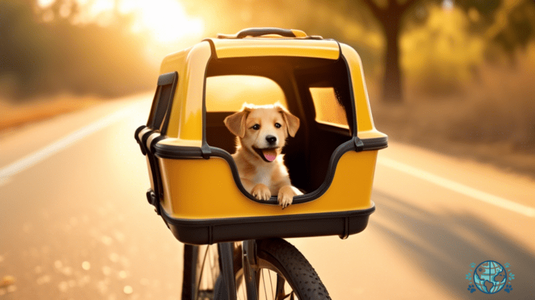 Adventurous dog enjoying a bike ride in a pet carrier, basking in the golden sunlight.