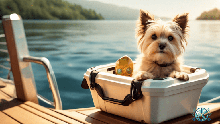 SEO-friendly alt text: A sunlit boating adventure scene featuring a secure pet carrier on the deck, emphasizing the importance of pet safety during thrilling water escapades.
