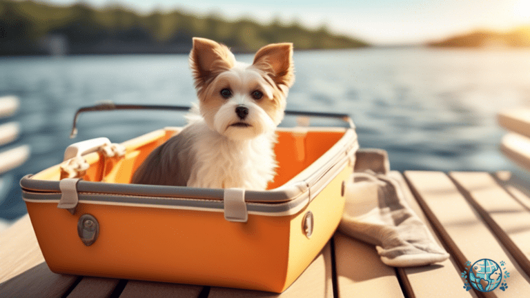 Sturdy and Reliable Pet Carrier for Boating Trips: A sunny boating scene with a bright natural light showcasing a durable pet carrier on the deck, perfect for safe and comfortable travels with your furry friend.