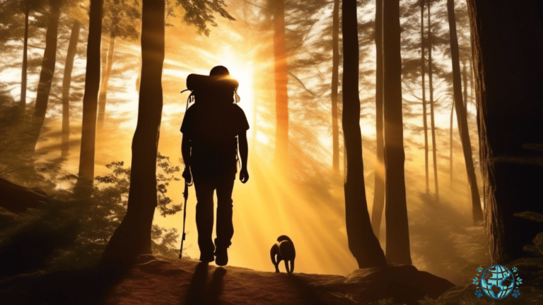 An adventurous hiker with a silhouette against a stunning sunset, highlighting the convenience and comfort of a pet carrier for hiking escapades.
