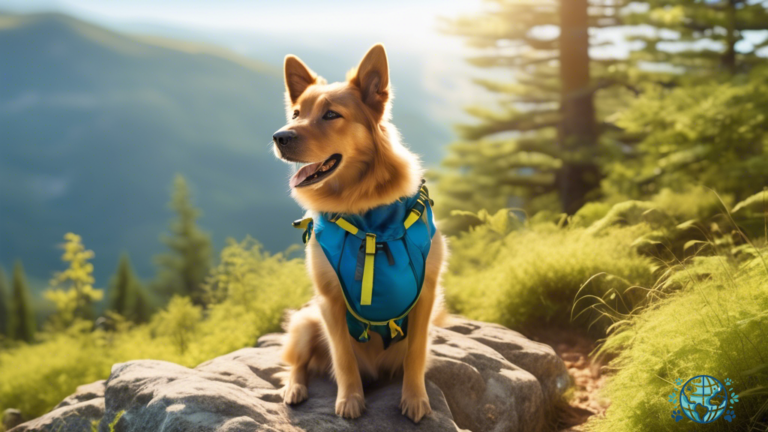 An adventurous dog wearing a backpack walks along a sun-drenched trail, surrounded by vibrant greenery and a clear blue sky, showcasing essential hiking gear for dogs.