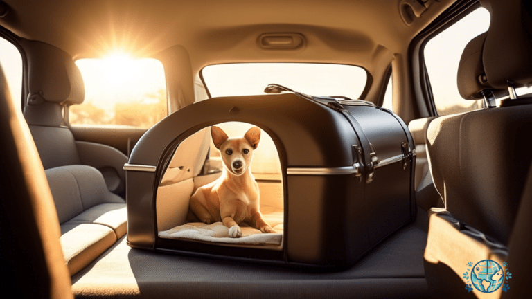 Sturdy pet carrier in sunlit car trunk, with contented pet peeking out, emphasizing the importance of a well-ventilated carrier for safe and comfortable road trips.
