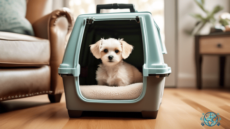 Adorable small dog happily resting inside a comfortable and stylish pet carrier, ready for a safe and exciting adventure in a cozy living room flooded with soft natural light.