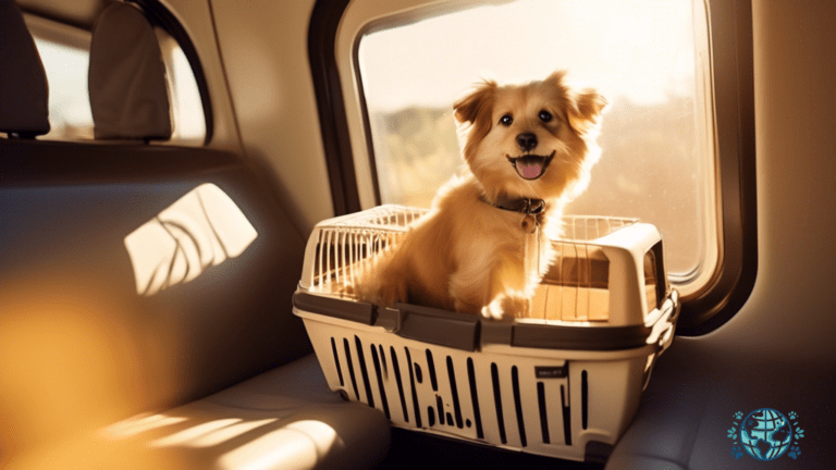 An adorable pet cozily nestled in a spacious, well-ventilated pet carrier, enjoying a stress-free train journey bathed in warm, golden sunlight streaming through the window.