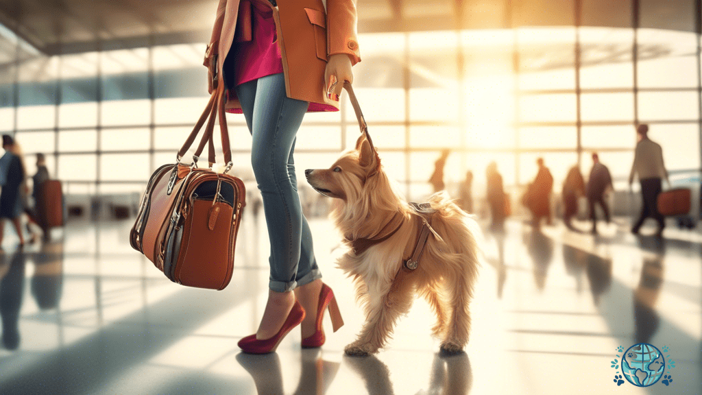 Stylish woman effortlessly carries her adorable pup in a trendy pet carrier purse while strolling through a sunny airport terminal, showcasing the functional and fashionable accessory.