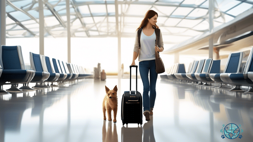Effortless pet travel: A traveler wheels a sturdy pet carrier with wheels along a sunlit airport terminal, showcasing the convenience of stress-free pet transportation.