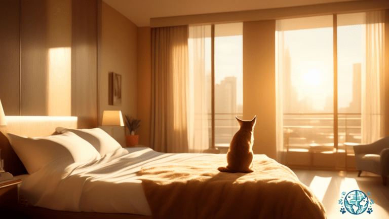 Cozy hotel room flooded with warm sunlight through large windows, showcasing a pet-friendly accommodation with a small pet bed and playful toy by the window.