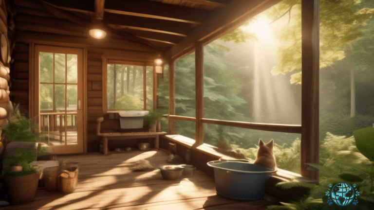 Alt Text: Serene pet-friendly cabin nestled in lush greenery, with sunlight streaming through tall trees, offering a perfect retreat for hikers and their furry companions.