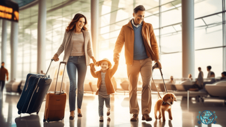 Happy family with contented pets at a pet-friendly airport, enjoying abundant natural light and warm assistance from airline staff - showcasing pet-friendly airline policies.