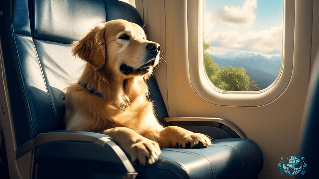 Golden retriever enjoying the spacious and sunlit cabin of a pet-friendly airline, surrounded by lush greenery and serene blue skies.